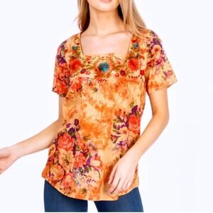 Vintage Goa Square Neck Floral Embroidered Boho Women's Top in Mango ~ Large NWT